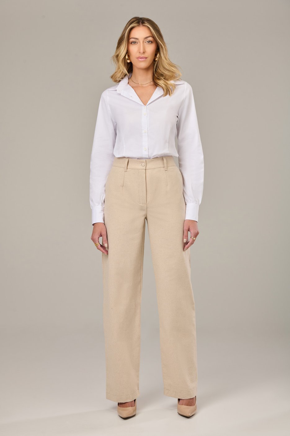 Calça Wide de Linho Linho Cru